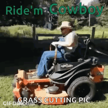 Man In Cowboy Hat Riding Lawn Mower GIF