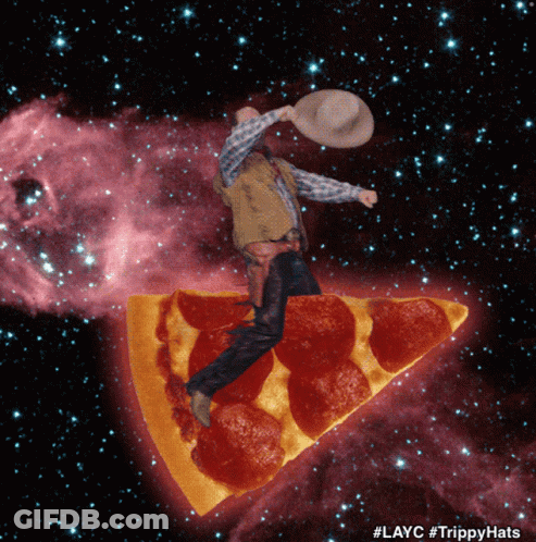 Man In Cowboy Hat Riding Pizza Slice In Space GIF