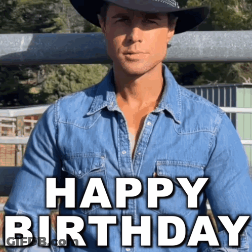 Man In Cowboy Hat Saying Happy Birthday GIF