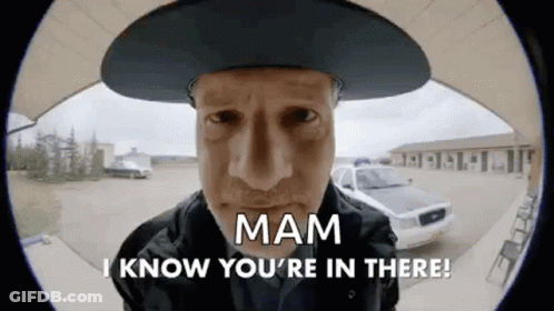 Man In Cowboy Hat Saying Mam I Know You're In There In Front Of Police Car GIF