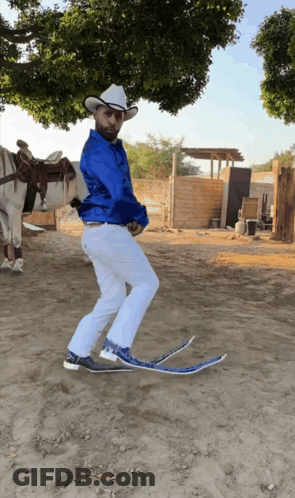 Man In Cowboy Hat Standing In Front Of Horse GIF