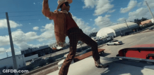 Man In Cowboy Hat Standing On Car Roof GIF