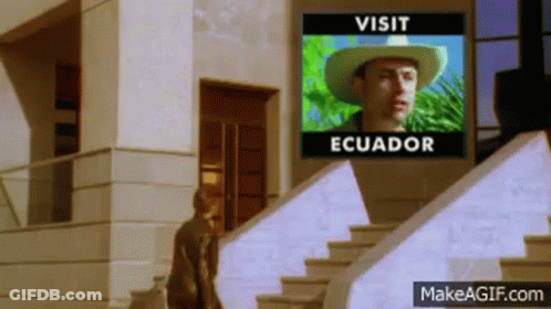 Man In Cowboy Hat Walking Down Stairs With Visit Ecuador Screen GIF