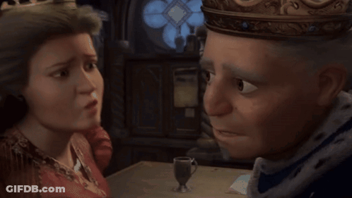 Man In Crown Looking At Woman In Red Dress GIF