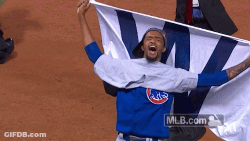 Man In Cubs Shirt Holding W Flag GIF