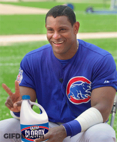 Man In Cubs Uniform Holding Clorox Bottle GIF