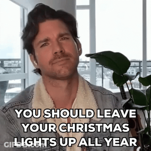 Man In Denim Jacket Says You Should Leave Your Christmas Lights Up All Year GIF
