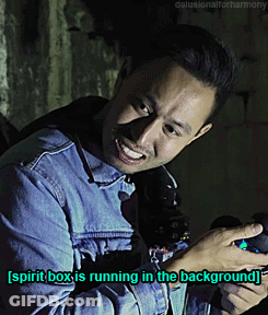 Man In Denim Jacket Smiling Spirit Box Is Running GIF