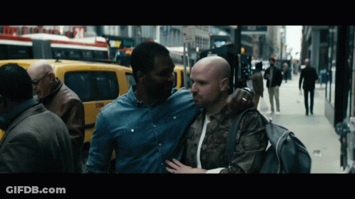 Man In Denim Shirt Hugging Another GIF