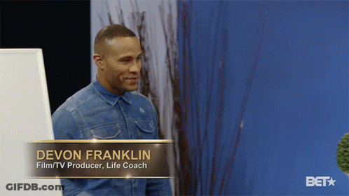 Man In Denim Shirt With Name Tag Saying Devon Franklin GIF