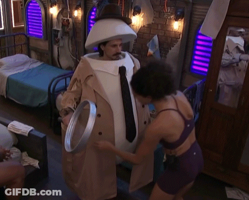 Man In Detective Costume Next To Woman In Purple Underwear GIF