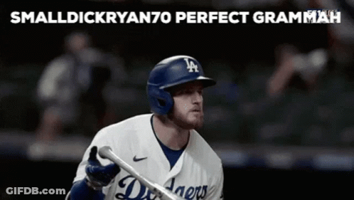 Man In Dodgers Baseball Uniform And Helmet GIF
