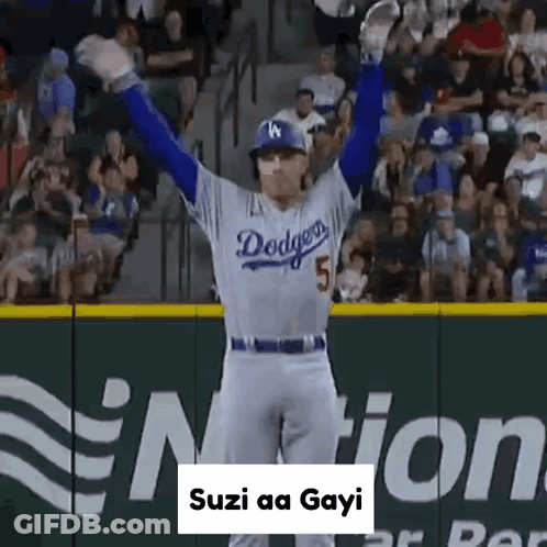 Man In Dodgers Jersey Arms Up GIF