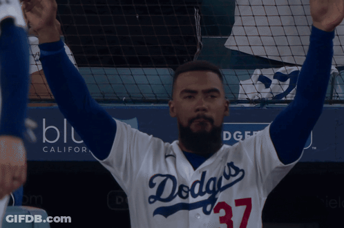 Man In Dodgers Jersey Arms Up GIF