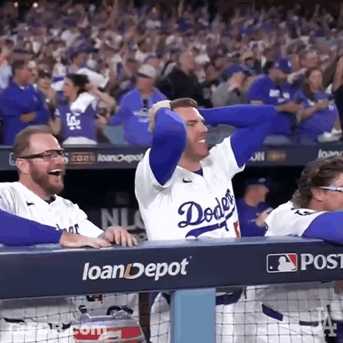 Man In Dodgers Jersey Laughing In Dugout GIF