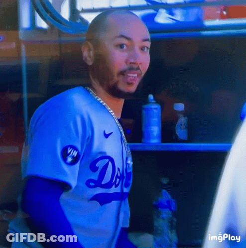 Man In Dodgers Jersey Looking At Camera GIF