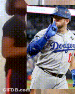 Man In Dodgers Jersey Next To Woman In Black Shirt GIF