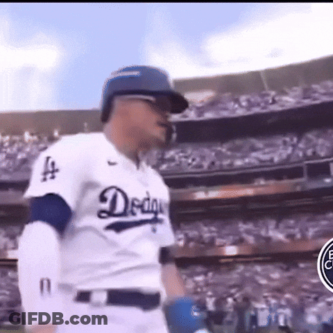 Man In Dodgers Jersey Standing In Crowd GIF