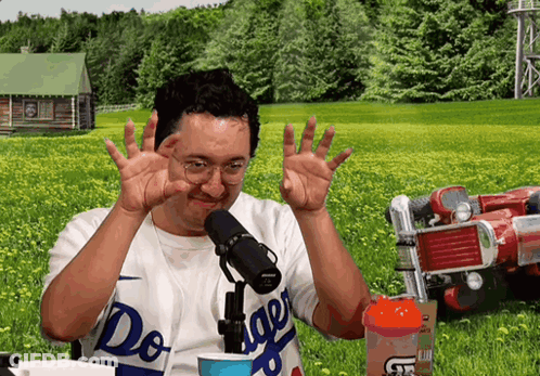 Man In Dodgers Shirt Giving Peace Sign GIF