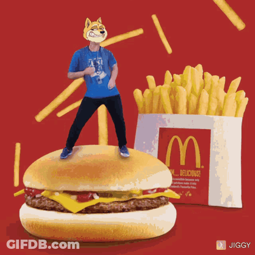 Man In Dog Mask On McDonald's Hamburger GIF