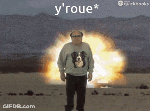 Man In Dog Sweater Standing In Front Of Explosion Saying Y' Roue GIF