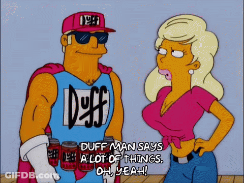 Man In Duff Shirt Talking To Woman In Pink GIF