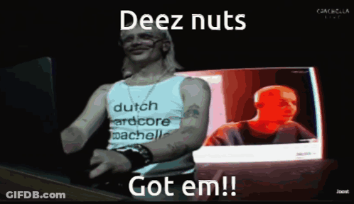 Man In Dutch Hardcore Shirt Says Deez Nuts Got Em GIF