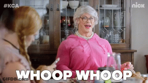 Man In Elderly Woman Costume Saying Whoop Whoop With Woman GIF