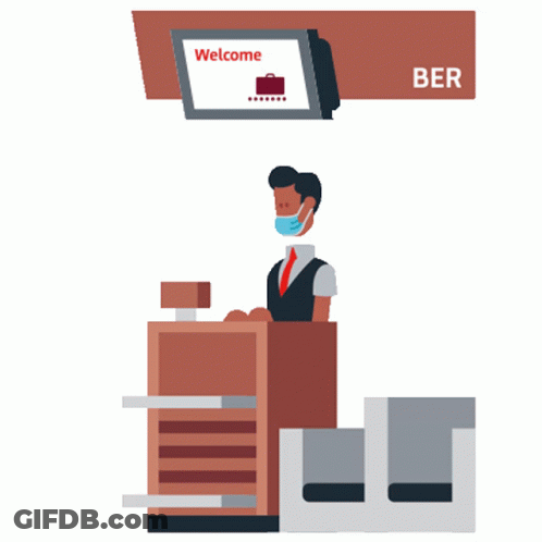 Man In Face Mask Standing At Counter With Welcome Screen GIF