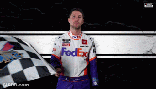 Man In Fedex Uniform Holding Checkered Flag GIF