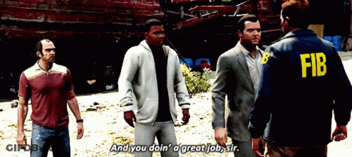 Man In FIB Jacket Talking To Group Of Men GIF
