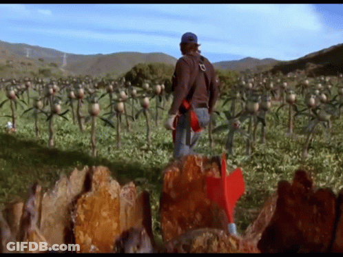 Man In Field With Red Arrow Pointing To Rock GIF