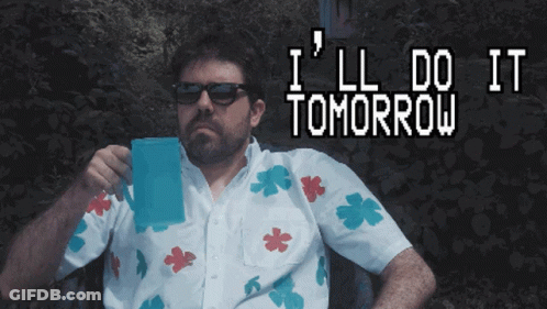 Man In Floral Shirt Holding Coffee Saying I'll Do It Tomorrow GIF