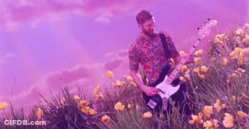 Man In Floral Shirt Playing Guitar In Flower Field GIF