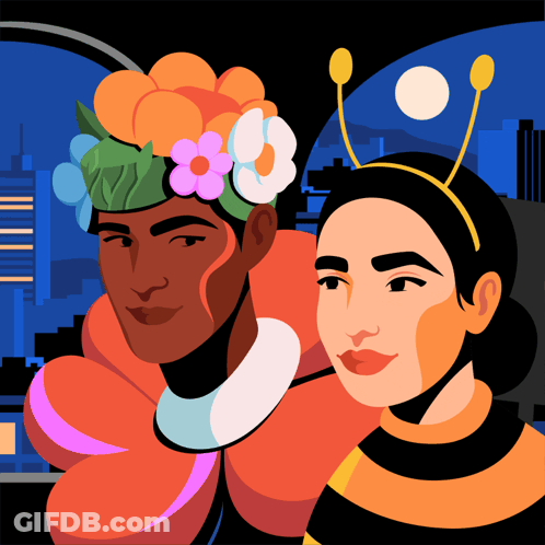 Man In Flowers And Woman In Bee Costume GIF