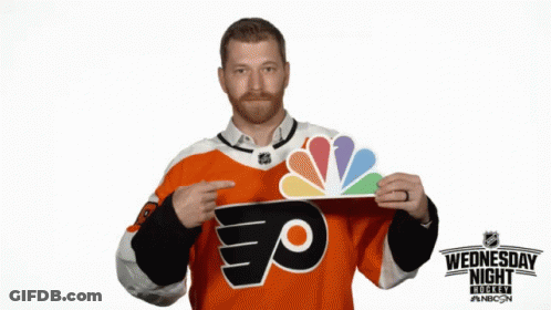 Man In Flyers Jersey Holding NBC Sign GIF