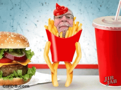 Man In French Fries Next To Hamburger And Jib Jab Soda GIF