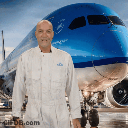 Man In Front Of Blue KLM Plane GIF