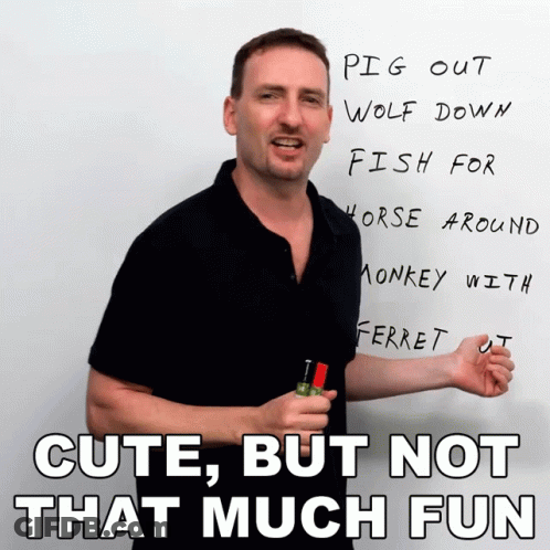 Man In Front Of Board Saying Pig Out Wolf Down Fish Horse Around Monkey Ferret GIF