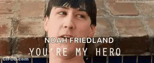 Man In Front Of Brick Wall Says Noah Friedland You're My Hero GIF