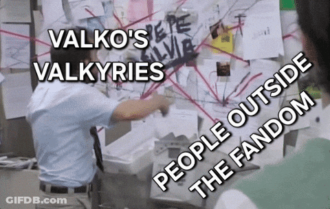 Man In Front Of Bulletin Board Saying Valkos Valkyries GIF