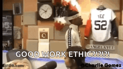 Man In Front Of Clock And Jersey Saying Good Work Ethic GIF