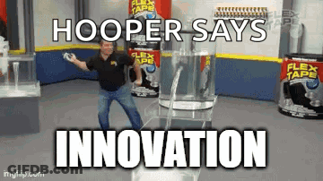 Man In Front Of Flex Tape Saying Hooper Says Innovation GIF