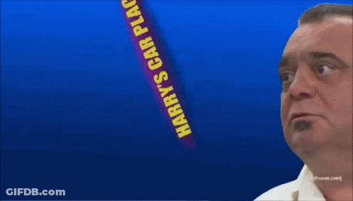 Man In Front Of Harry's Car Place Sign GIF