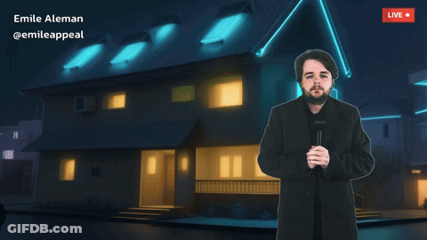Man In Front Of House With Fake News Banner GIF