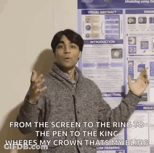 Man In Front Of Poster From Screen To Ring To Pen To King GIF