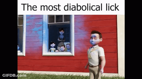 Man In Front Of Red And White House Saying The Most Diabolical Lick GIF