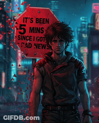 Man In Front Of Red Sign Saying It's Been 5 Mins Since I Got Bad News GIF
