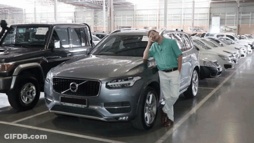 Man In Front Of Silver Volvo Car GIF