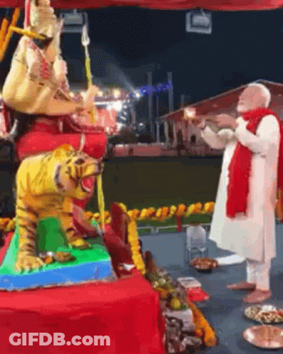 Man In Front Of Tiger And Woman Statues GIF